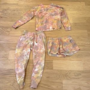 Set of 3 - Matching Sweatpants, Sweatshirt, and Shorts Muted Tie Dye